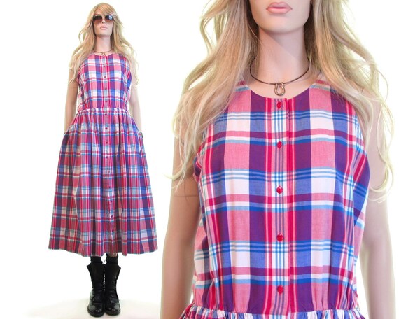 100% COTTON plaid dress babydoll dress pink plaid