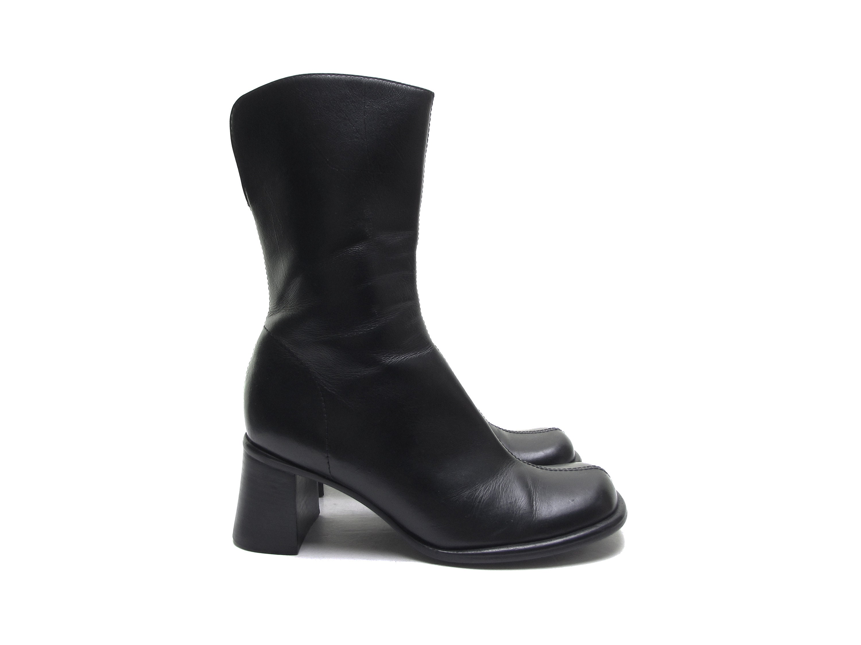 STEVE MADDEN Chunky Heel Leather Boots Black 90s Square Toe | Etsy UK