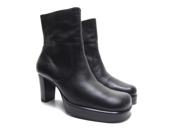 vintage 90s platform boots Black Leather square t… - image 2