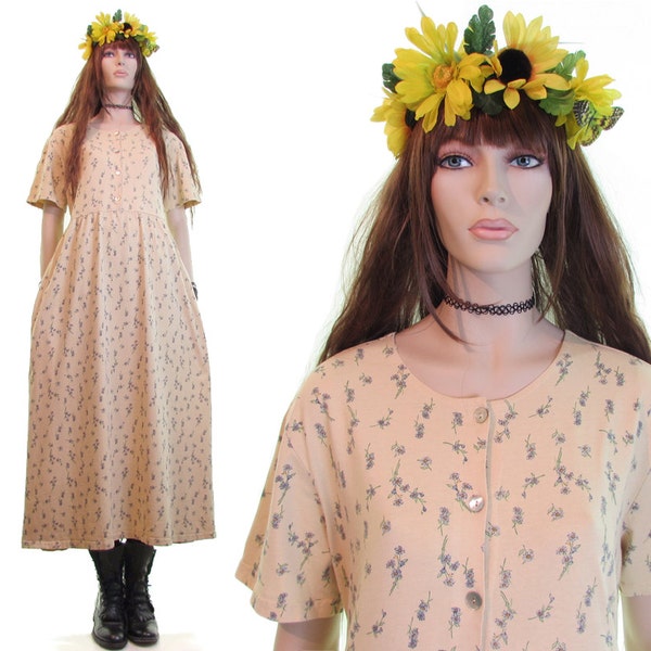 daisy dress ditsy floral dress vintage 90s dress 90s grunge dress cotton knit dress yellow maxi dress boho dress hippie dress festival women