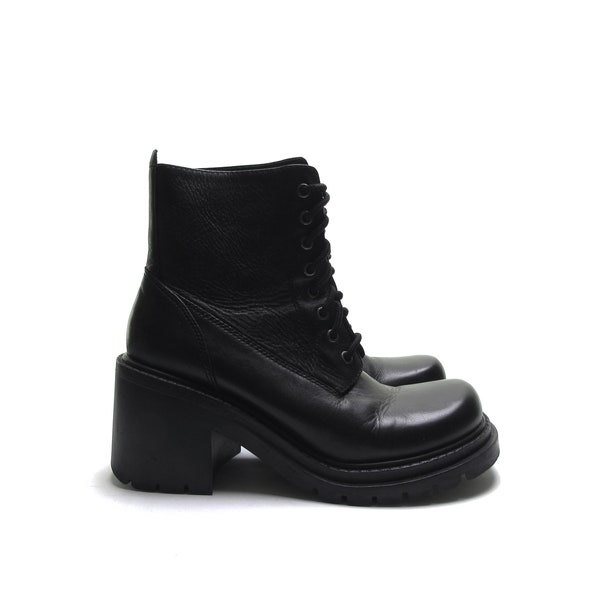 NOS Monster 90s Black Chunky Heel Platform Combat Boots | Cyber Punk Grunge Rubber Lug Sole Avant-Garde Goth Boots Lace-Up Women's Size 7.5