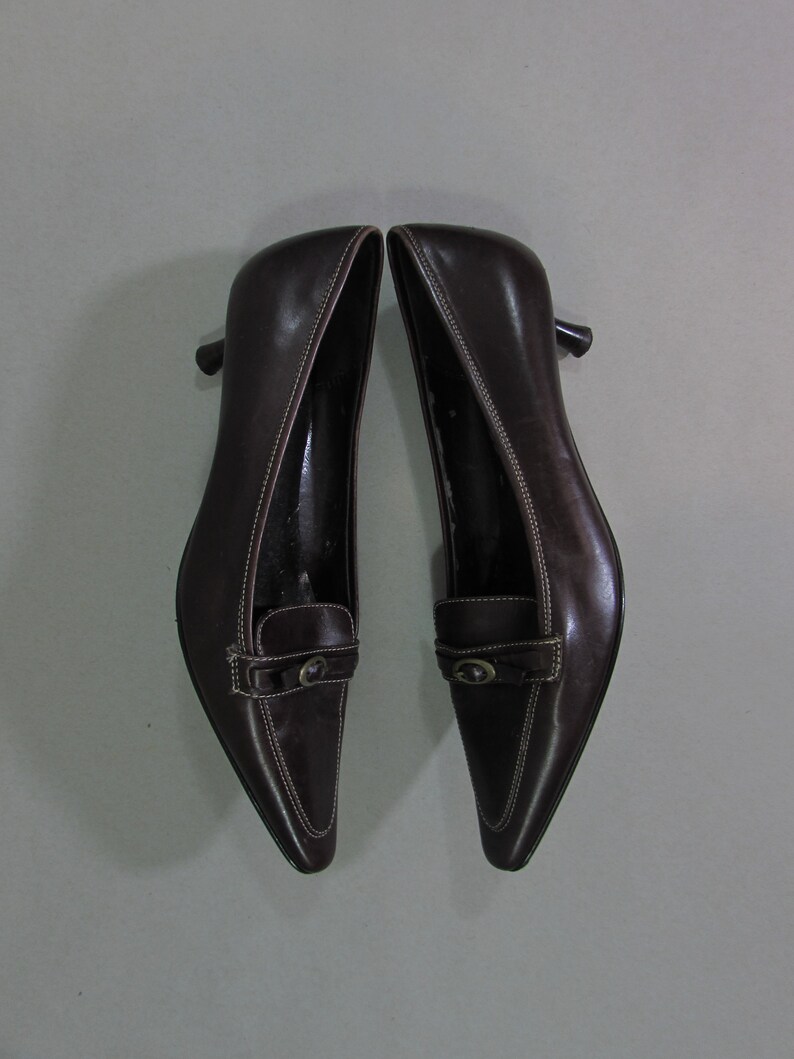 90s Brown Leather Pumps Kitten Heel Shoes Pointy Toe Shoes | Etsy