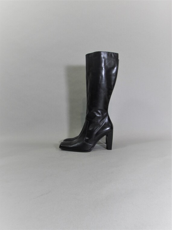 MARAOLO Italian black leather tall boots 90s squar