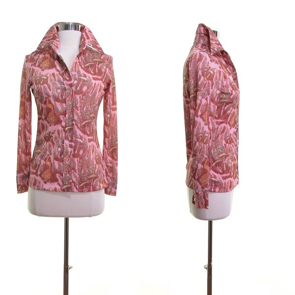 TRIPPY Pilz Bluse Disko Shirt 70er psychedelischen Shirt Pfau Hemd Hippie Shirt Boho Shirt minimalistischer Deadstock OOAK Xs s