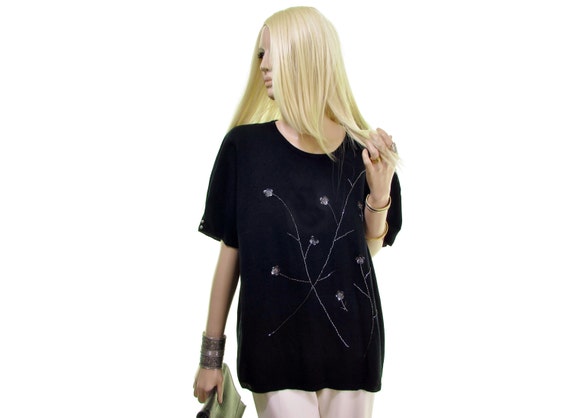 black beaded sweater, puff sleeve sweater, sequin