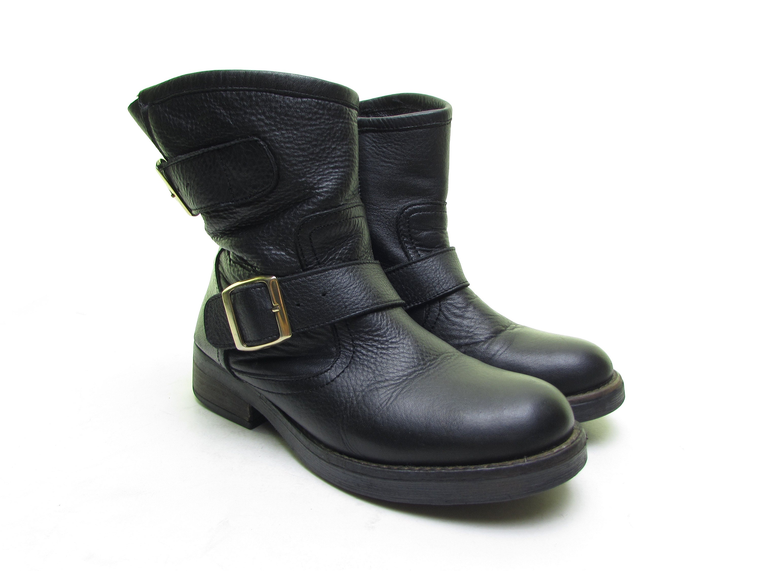 STEVE MADDEN Boots Black Leather Motorcycle Boots Buckle -