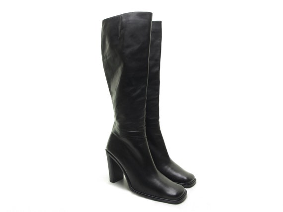 Designer ITALIAN black leather tall boots chunky h