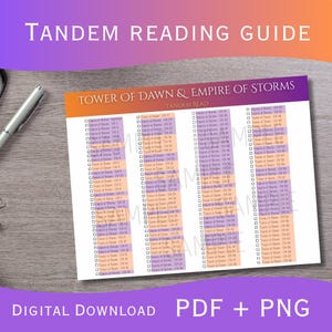 May include: A digital PDF and PNG tandem reading guide for "Tower of Dawn & Empire of Storms." The guide features a color-coded checklist with chapter numbers. The text "Tandem Reading Guide" is at the top, with "Digital Download" at the bottom.