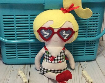 Handmade Beach Girl Cloth Doll Morgan 15.5” Plush Softie Rag Doll |  Bikini Sun Summer Beach Blonde Wool Felt Hair