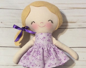 Handmade Girl Cloth Doll 13” Jessa Lynn | Plush Softie Rag Doll |  Purple Dress Boots |  Sand Wool Felt Hair