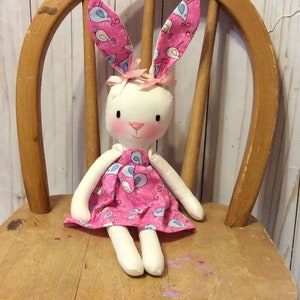 Handmade Girl Cloth Doll 16.5” Beatrice | Bunny Spring Rabbit Nursery Decor | Plush Softie Rag Doll | Pink Bird Dress