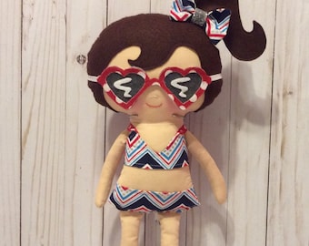 Handmade Beach Girl Cloth Doll Lauren 20" Plush Softie Rag Doll |  Bikini Holiday | Dark Brown Wool Felt Hair