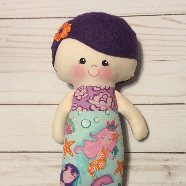 20% OFF Fabric Doll Girl Cloth Doll 11" Bethany | Plush Softie Rag Doll | Baby Mermaid Nursery Ocean | Purple Wool Felt Hair