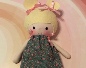Handmade Girl Cloth Doll 13.5” Lindsey | Plush Softie Rag Doll |  Green Pink Pillowcase Dress | Blonde Wool Felt Hair