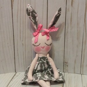 Handmade Girl Cloth Doll 16.5” Brianna | Bunny Spring Rabbit Nursery Decor | Plush Softies Rag Doll | Pink Gray Dress