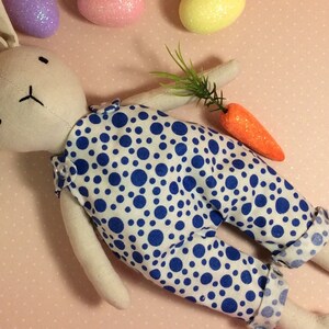 Handmade Boy Cloth Doll 12” Timothy | Bunny Spring Rabbit Nursery Decor | Plush Softies Rag Doll | Blue Dot Romper