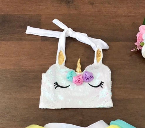 ORIGINAL Crop top Baby girls unicorn face birthday sequin top