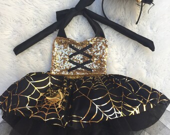 Halloween Black and Gold "Witches Sparkle Too" Romper Witch Romper Tutu witch costume
