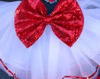 Girls Valentine's Day white tutu and red sequin bow sewn tutu skirt