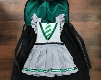 School wizard romper with cape green