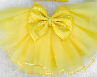 Baby Chick Easter yellow tutu with sequin bow sewn tutu skirt