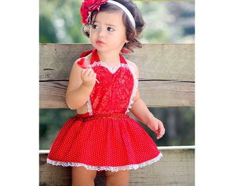 Sequins, polka dots and lace Valentine's day romper with skirt