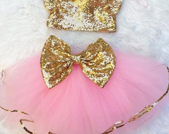 Baby Girls Sewn Pink Tutu with Gold Sequin Bow