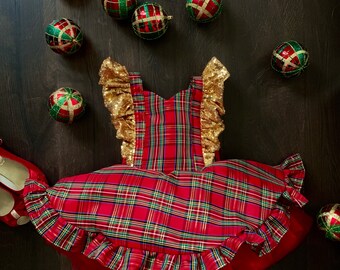 girls plaid and gold sequin Christmas dress