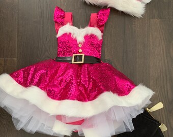 Preorder Sparkle hot pink Santa Romper sequin skirt tutu dress and sequins