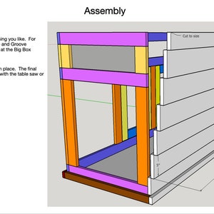 May include: Diagram showing the assembly of a wooden structure. The structure is made of various colored wood pieces, including orange, yellow, purple, and blue. The structure is 72 inches tall and has a cut-to-size section.