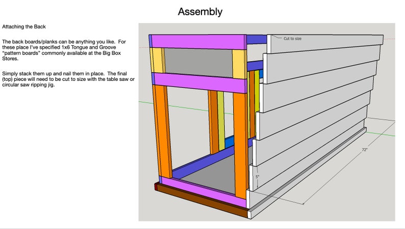 May include: Diagram showing the assembly of a wooden structure. The structure is made of various colored wood pieces, including orange, yellow, purple, and blue. The structure is 72 inches tall and has a cut-to-size section.