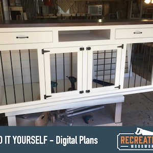 May include: White wooden dog crate with two doors and a top shelf. The crate has two drawers on the front and a black countertop. The text "BUILD IT YOURSELF - Digital Plans" is on the bottom of the image.