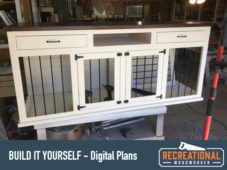 May include: White wooden dog crate with two doors and a top shelf. The crate has two drawers on the front and a black countertop. The text "BUILD IT YOURSELF - Digital Plans" is on the bottom of the image.