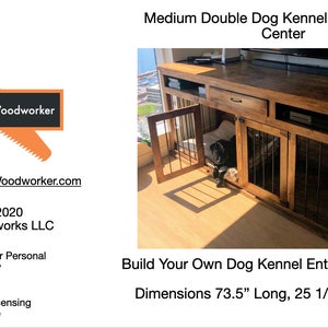 May include: A wooden dog kennel entertainment center with two dog crates, a drawer, and a shelf. The kennel is 73.5 inches long, 25 1/2 inches wide, and 34 inches tall.