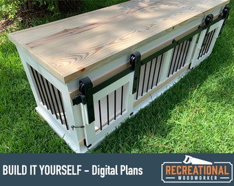 Dog Crate Plans - Barn Door Wooden Double Dog Kennel Furniture - Large Size for Labs - Step by Step Plans to Build it Yourself