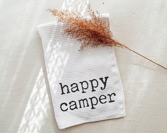 Happy Camper Tea Towel, Camper Kitchen Towel, RV Decor, Camping Gift, Waffle Knit Kitchen Towel, Happy Camper Gift, Camper Decor, Camper