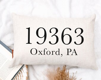 Custom Zip Code Pillow, City Pillow, Linen Throw Pillow, Lumbar Pillow