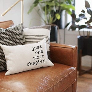 May include: A brown leather sofa with three decorative pillows. One pillow has a black and white geometric pattern, another has horizontal stripes, and the third reads "just one more chapter" in black text. Plants in black pots are in the background.
