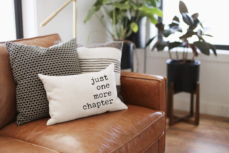 May include: A brown leather sofa with three decorative pillows. One pillow has a black and white geometric pattern, another has horizontal stripes, and the third reads "just one more chapter" in black text. Plants in black pots are in the background.