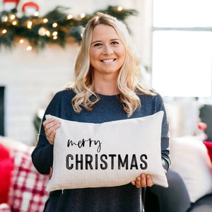 Merry Christmas Pillow, Modern Christmas Pillow, Happy Holidays Pillow, Christmas Decor, Christmas Gift, Gifts for Her, Linen Throw Pillow