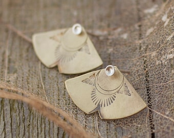 Ginkgo - fan shaped Ear Jackets in silver and brass with ethnic patterns • "3 in 1" • 4 different stud earrings to choose from • •