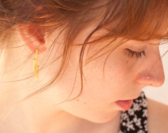 Modern architectural earrings in brass with a sterling silver ear post