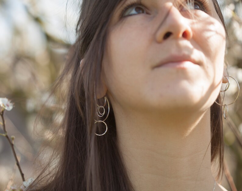 Hoop earrings in silver composed of many rings hammered texture made to order image 2