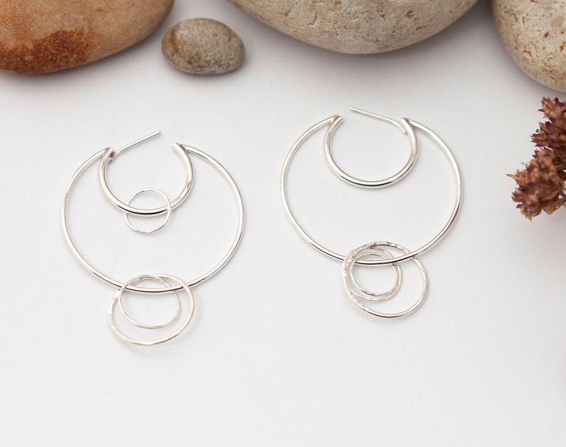 Hoop earrings in silver composed of many rings hammered texture made to order image 1