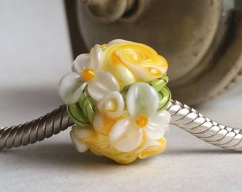 European Charm Bead, Large Hole Bead  -  Sunny Yellow Cottage Rose Garden by Sabrina Koebel Handmade Lampwork Beads