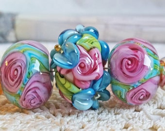 Vintage Series - Cottage Rose Pink and Vintage French Blue Garden Set by Sabrina Koebel MTO Handmade Lampwork Beads