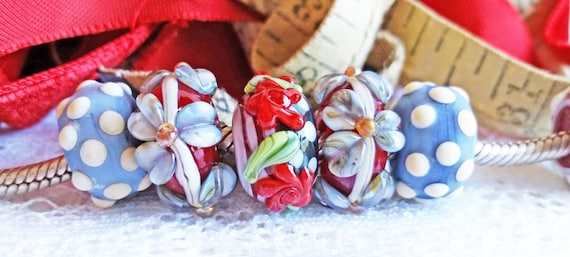 European Charm Bead, Large Hole Bead, Bead Charm  -  Vintage Americana Singles by Sabrina Koebel Handmade Lampwork Beads