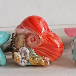 Beachy Trio in Bold Coral and Turquoise by Sabrina Koebel Starfish Sea Urchin Beachy Heart Made to Order Handmade Lampwork Beads