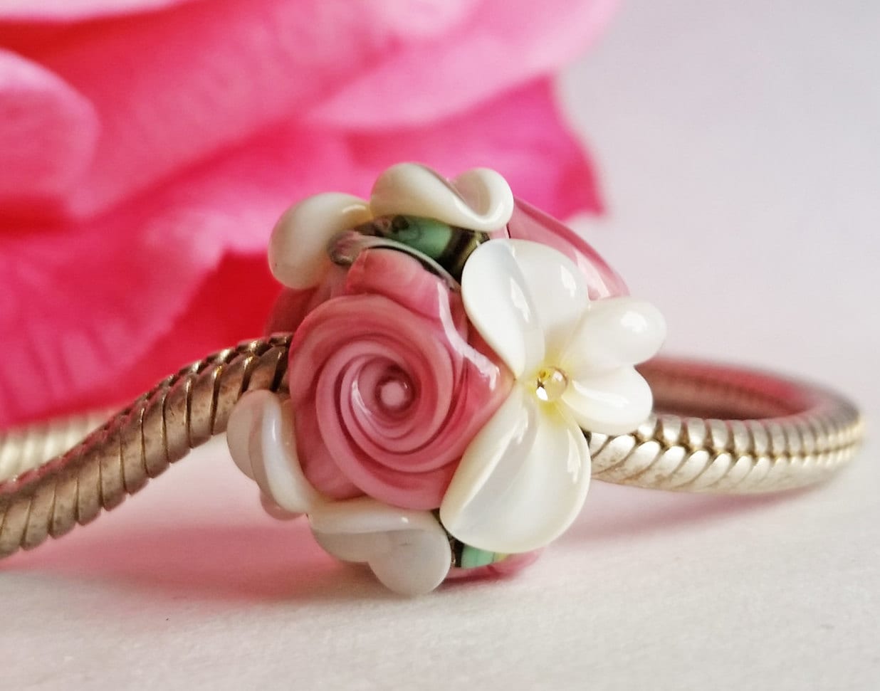 European Charm Bead, Large Hole Bead, Bead Charm  -  Vintage Series Cottage Rose Garden by Sabrina Koebel