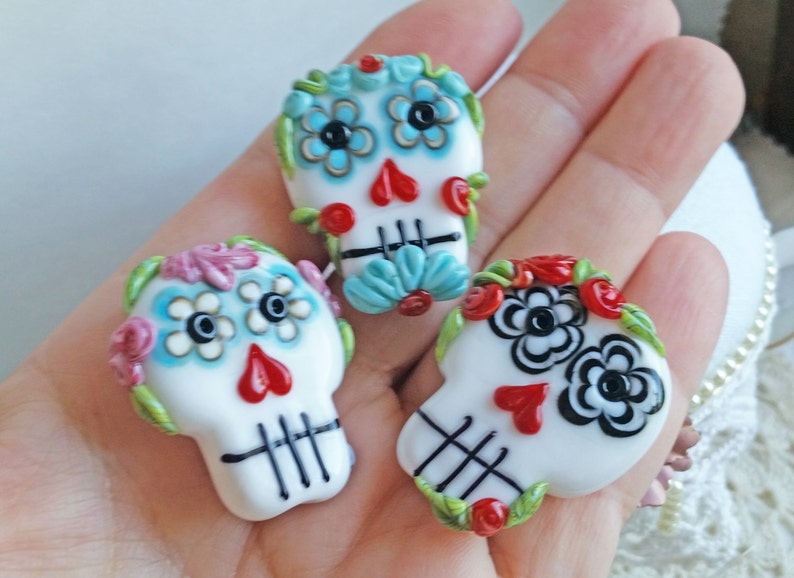 MTO Flower Eye Sugar Skull Focal by Sabrina Koebel Made To Order You Choose Handmade Lampwork Beads
